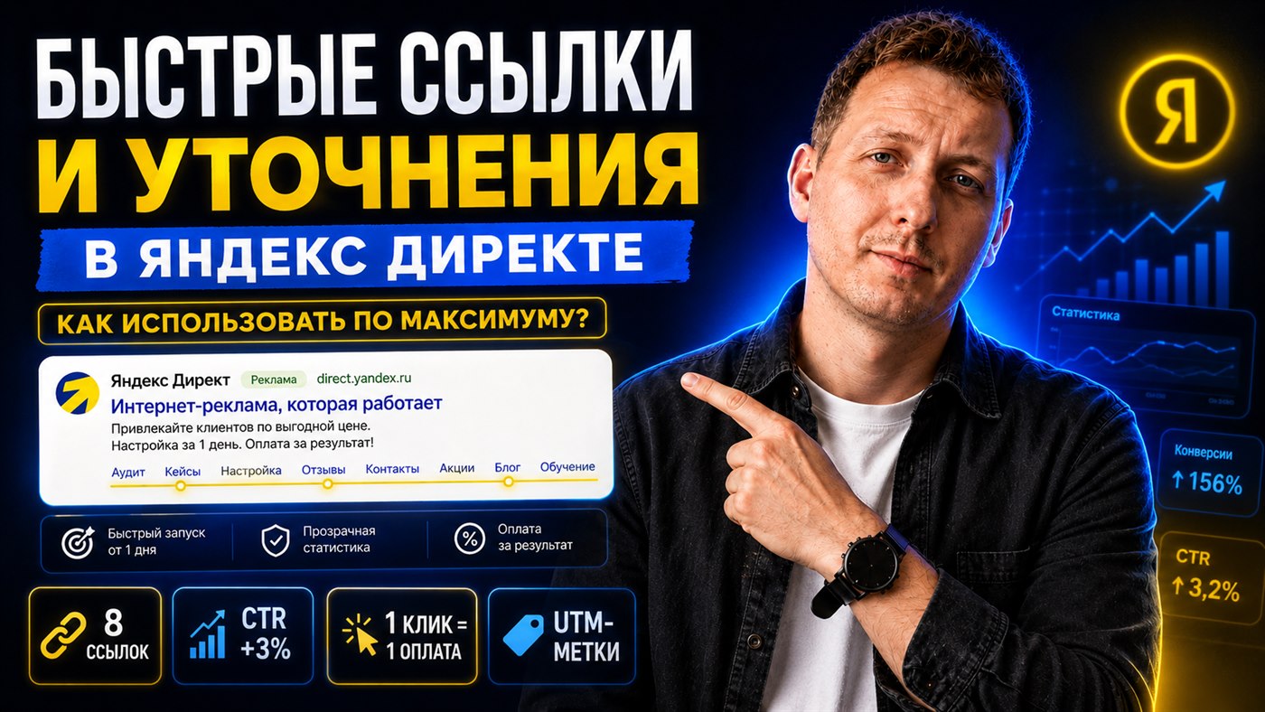 Быстрые ссылки и уточнения в Яндекс Директе: 8 ссылок, CTR +3%, один клик — одна оплата, UTM-метки