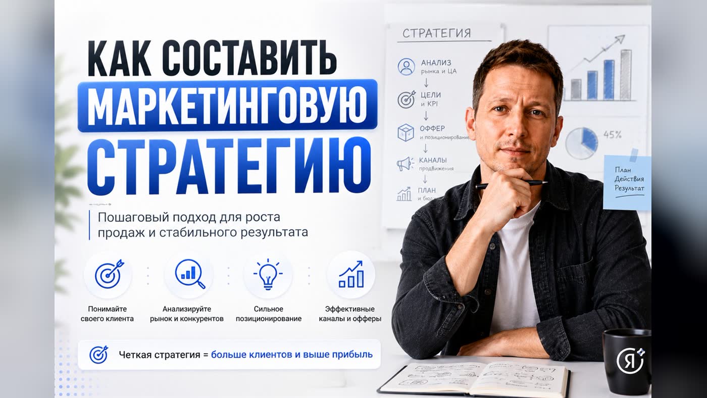 Схема маркетинговой стратегии: анализ рынка и ЦА, цели и KPI, оффер и позиционирование, каналы продвижения, план и бюджет
