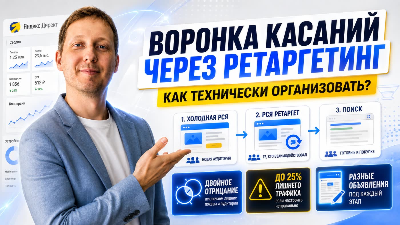 Воронка касаний через ретаргетинг в Яндекс Директ: сегменты, двойное отрицание, РСЯ и поиск